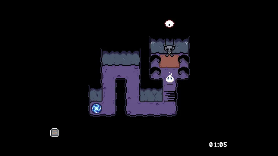 An unidentified purple room shown with a 1:05 timer and a tombstone in the lower-left corner