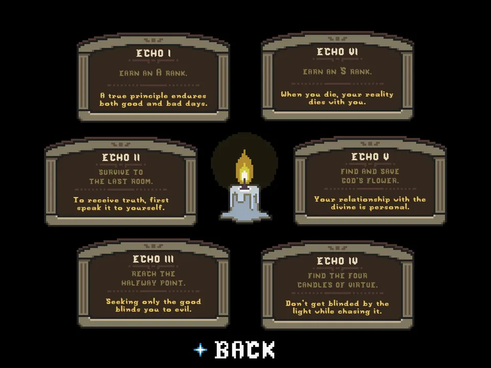 The completed Insight Stones menu with six revealed ECHO messages and a yellow candle