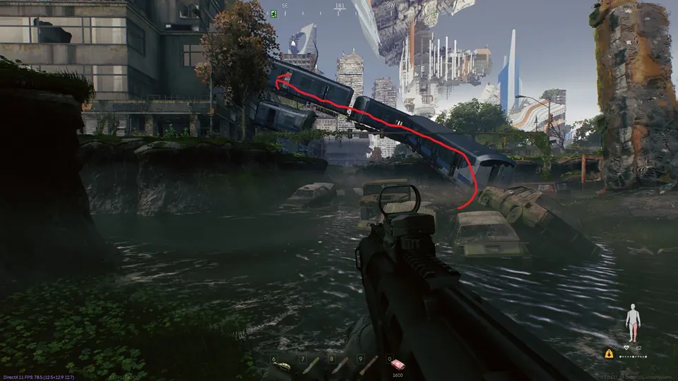 Train cars leaning out of floodwater toward a building, with a red line tracing the climb up them