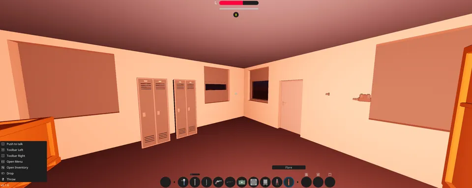 A room with lockers glowing bright orange, with a flare selected in the toolbar