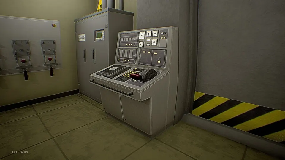 The gate lever: a red-handled lever on the control console beside the Gateway's hazard-striped frame