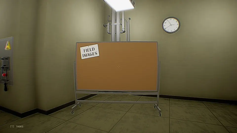 The empty Field Images corkboard on wheels, where photos for the tasks get pinned