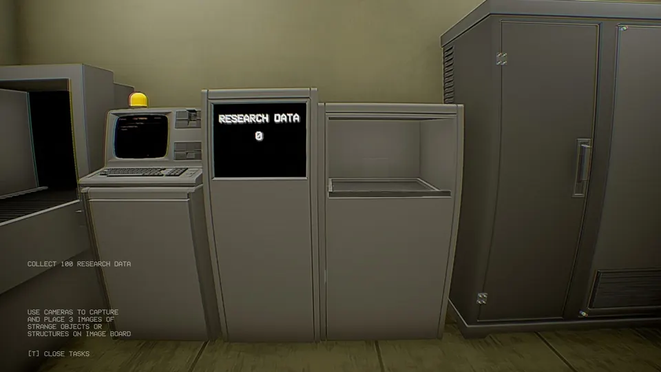 The Terminal, the Research Data counter at 0 and the open deposit box beside it, with the task list open