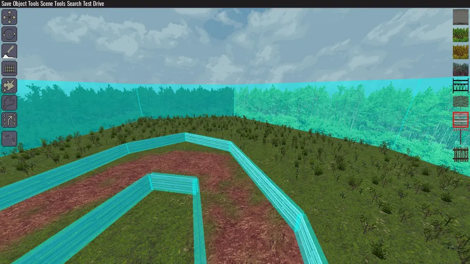 Cyan-highlighted barriers following the edge of a route