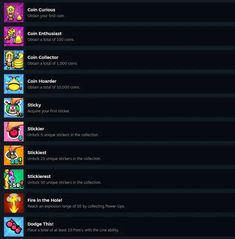 The coin and sticker achievements in the Steam list, running from Coin Curious up to Stickierest, with Fire in the Hole! and Dodge This! underneath.