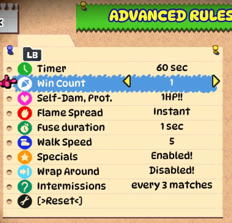 The Advanced Rules panel with the win count row selected, the arrows on either side of a row being how each value is changed.