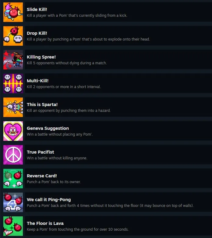 The kill achievements, from Slide Kill! down to The Floor is Lava, with Geneva Suggestion and True Pacifist sitting between them.