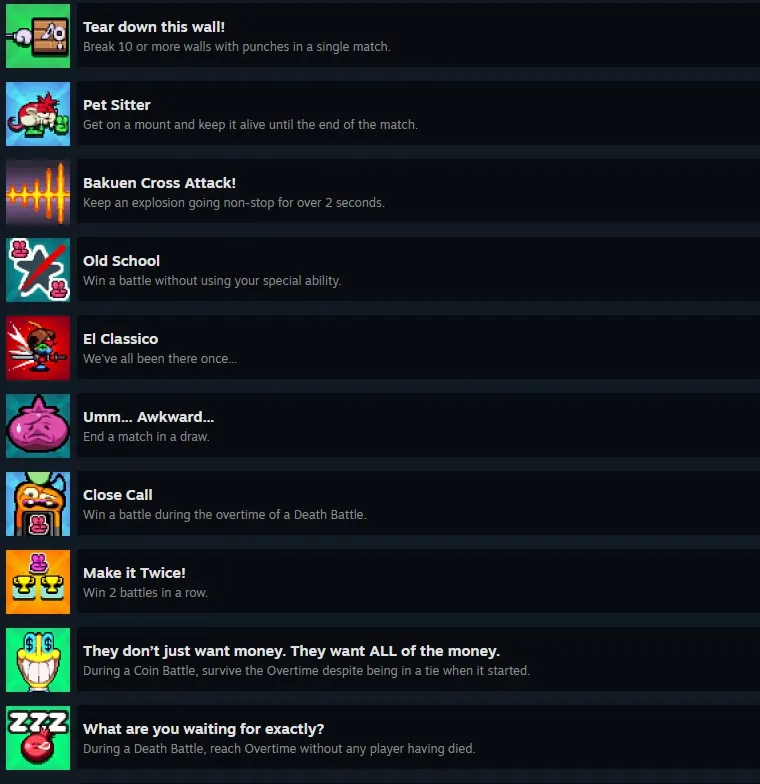 The match-outcome achievements, from Tear down this wall! to What are you waiting for exactly?, covering draws, win streaks and overtime.