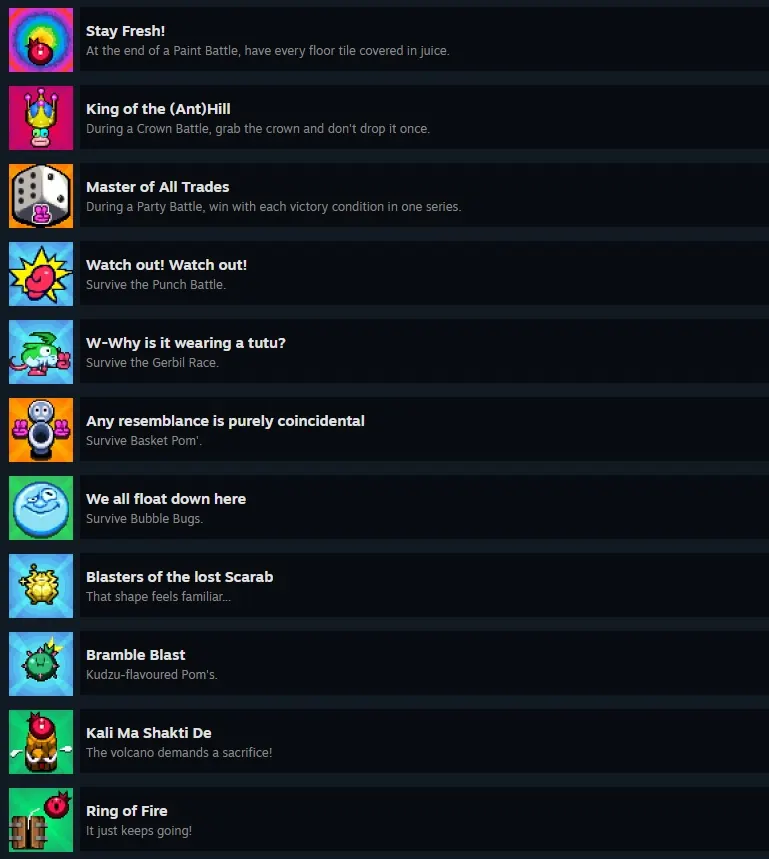 The Steam achievement list for Blasterbug: Last Bug Standing!, showing the battle mode and stage rewards from Stay Fresh! down to Ring of Fire.