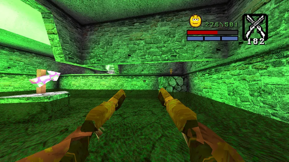 The green slime pits inside the Forte de Sao Marcelo fortress, with the invulnerability on a corner pillar