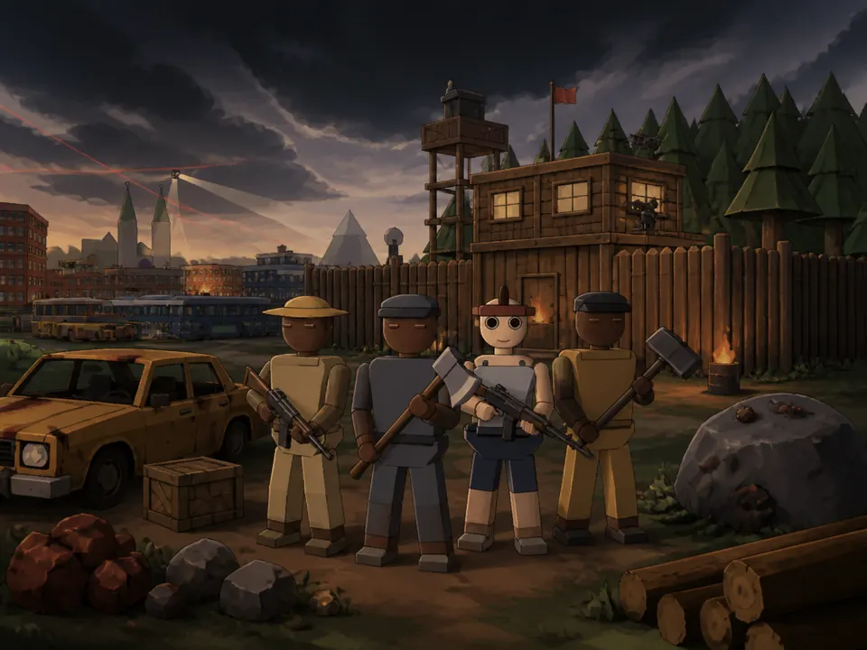 Four survivors stand shoulder to shoulder holding rifles, an axe and a sledgehammer, in front of a palisade wall with a watchtower and burning braziers, with a parked car, cut logs and mined rock in the foreground.