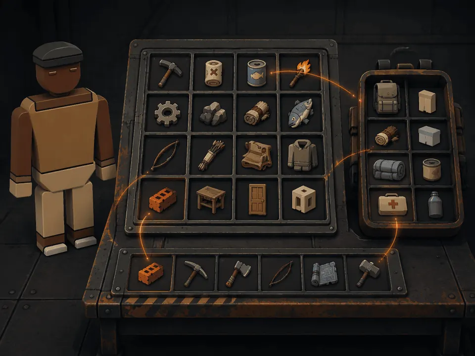 The inventory screen, with the main item grid, the equipped backpack panel beside it and the hotbar row along the bottom, and lines tracing items moving between them.