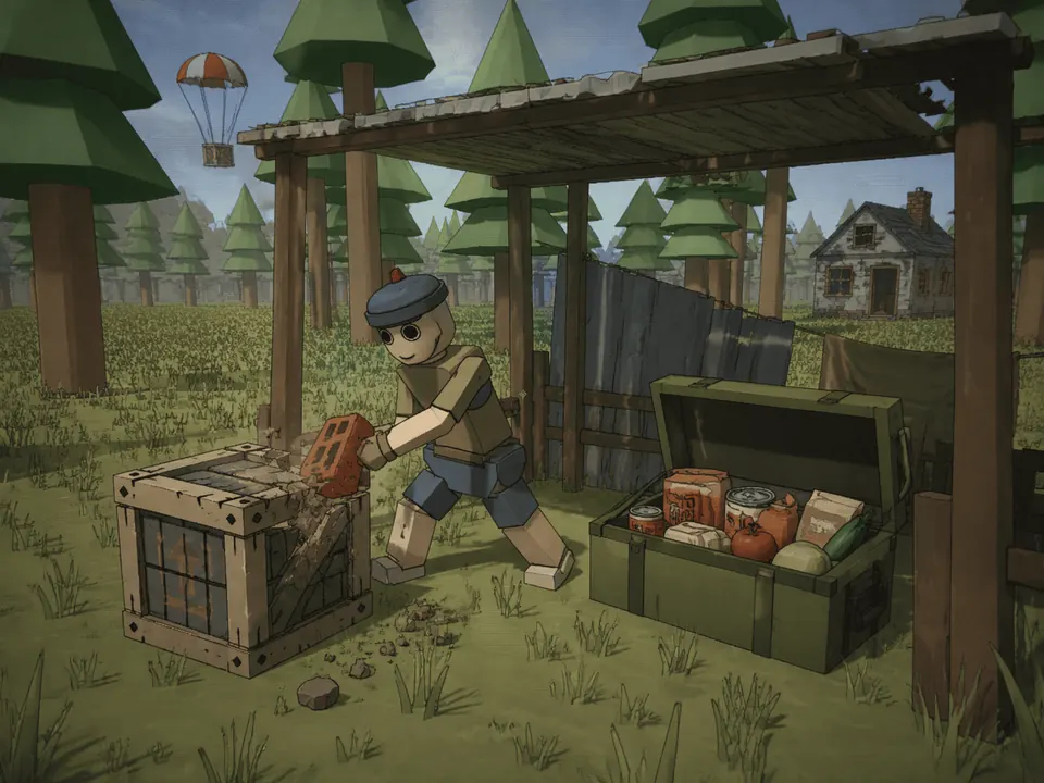 A survivor smashes open a wooden salvage crate with a brick beside an open chest of tinned food, while a supply parachute drifts down over the trees.