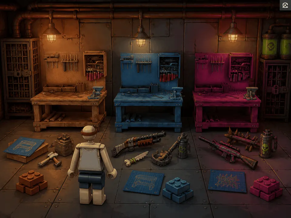 Three Workbenches side by side in a workshop, coloured brown, blue and pink, with blueprints, bricks and weapons scattered across the floor between them.