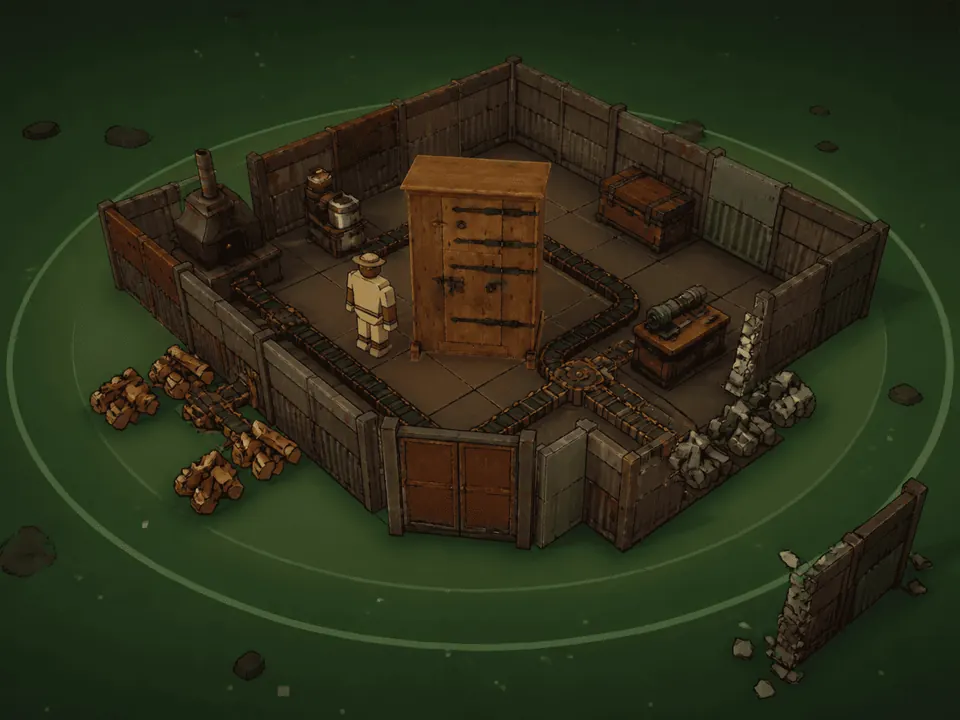 An overhead view of a small walled base with a Resource Cabinet at its centre and the claim boundary drawn as a pale ring on the grass around it.