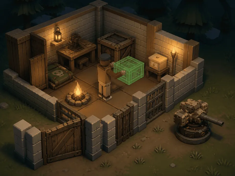 The inside of a stone-walled base at night holding a bedroll, a campfire, a workbench and a chest, with a green crate ghost being positioned and a turret mounted outside the wall.