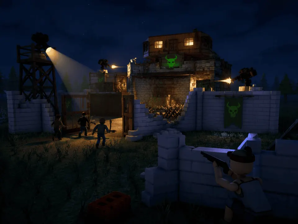 A night raid on a walled compound, attackers rushing the gate while a searchlight sweeps from a tower, a mounted turret fires and a defender shoots from behind a low wall.
