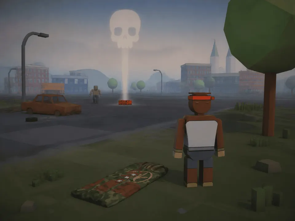 A player stands over a bedroll in a misty field, looking at the skull marker beaming up from a dropped loot package out on the road.
