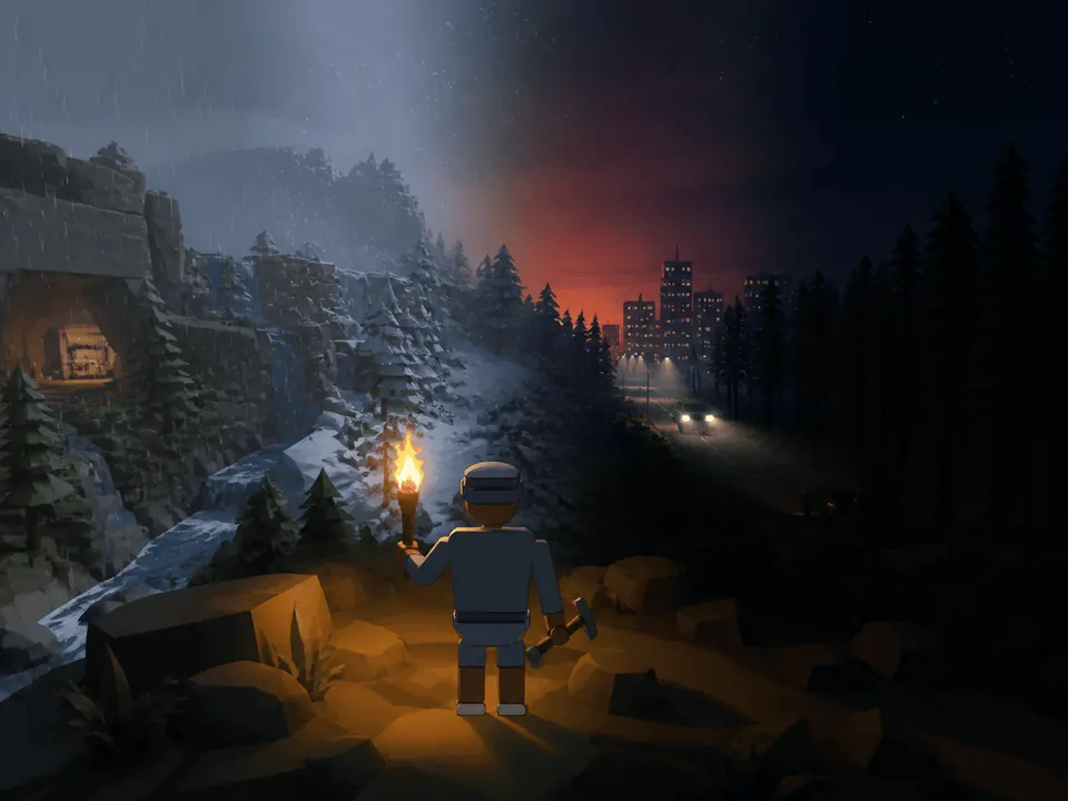 A survivor holds a torch on a rocky ridge at night, snow on the cliffs to one side and the lit city with headlights on the road to the other.
