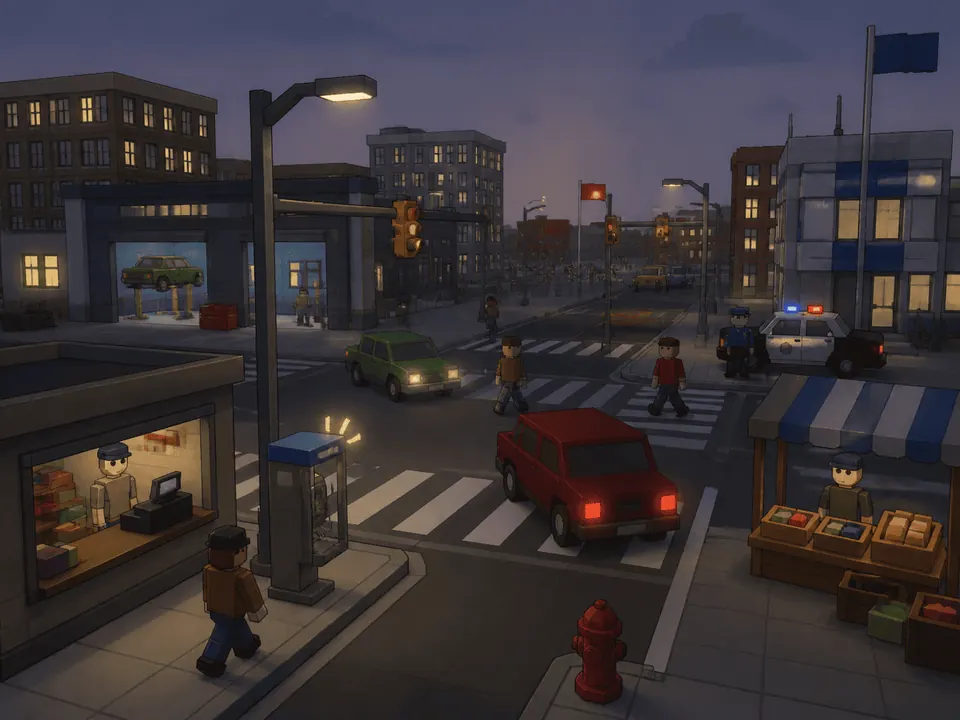 A city intersection at dusk with a shop counter, a payphone, a market stall, a police car at the kerb, traffic at the lights and a repair garage with a car up on a lift.