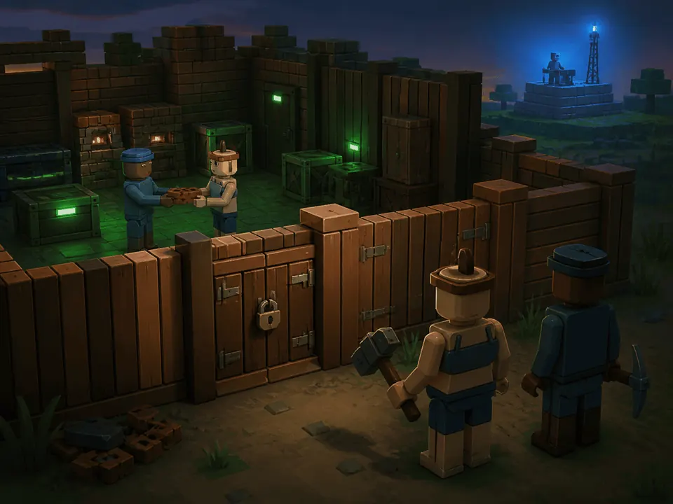 Two clan members hand over an item inside a base lit green to show shared access, while two outsiders carrying a hammer and a pickaxe stand at the padlocked gate.