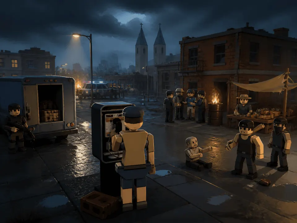 A player uses a payphone on a wet street at night, an armoured van and its guards on one side and a crowd around a burning barrel on the other.