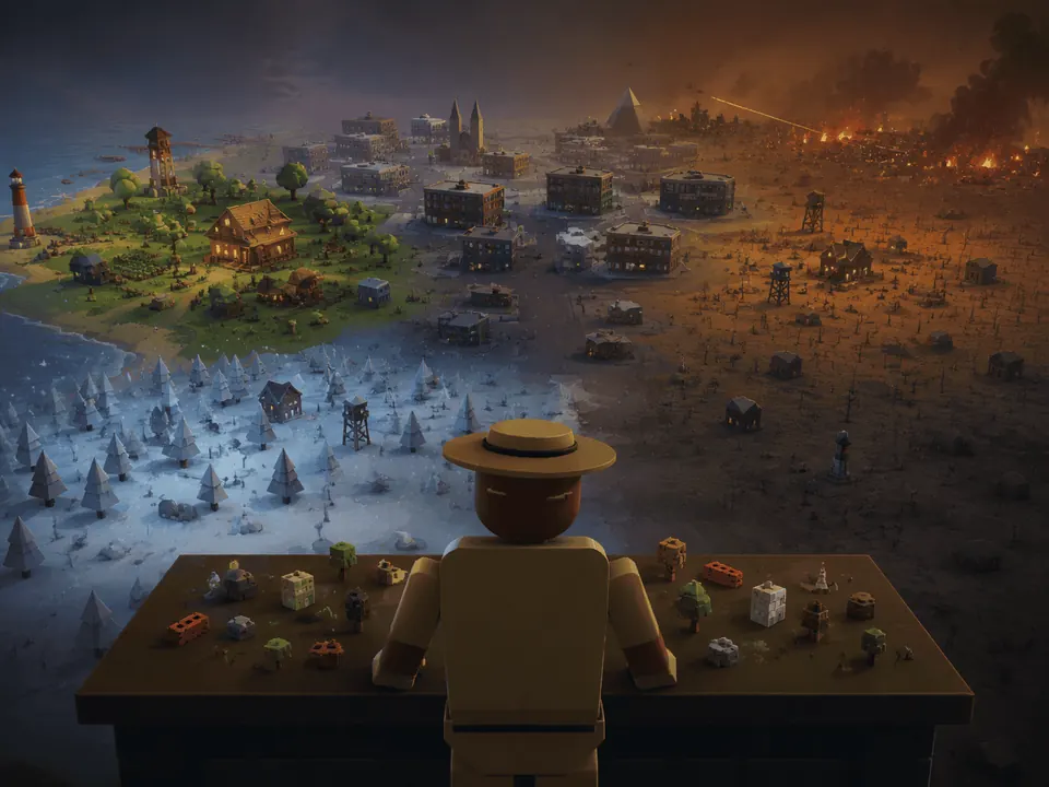 A survivor at a planning table looks out over a world split into three bands: green coastline, snowbound forest and scorched ground under a burning sky.