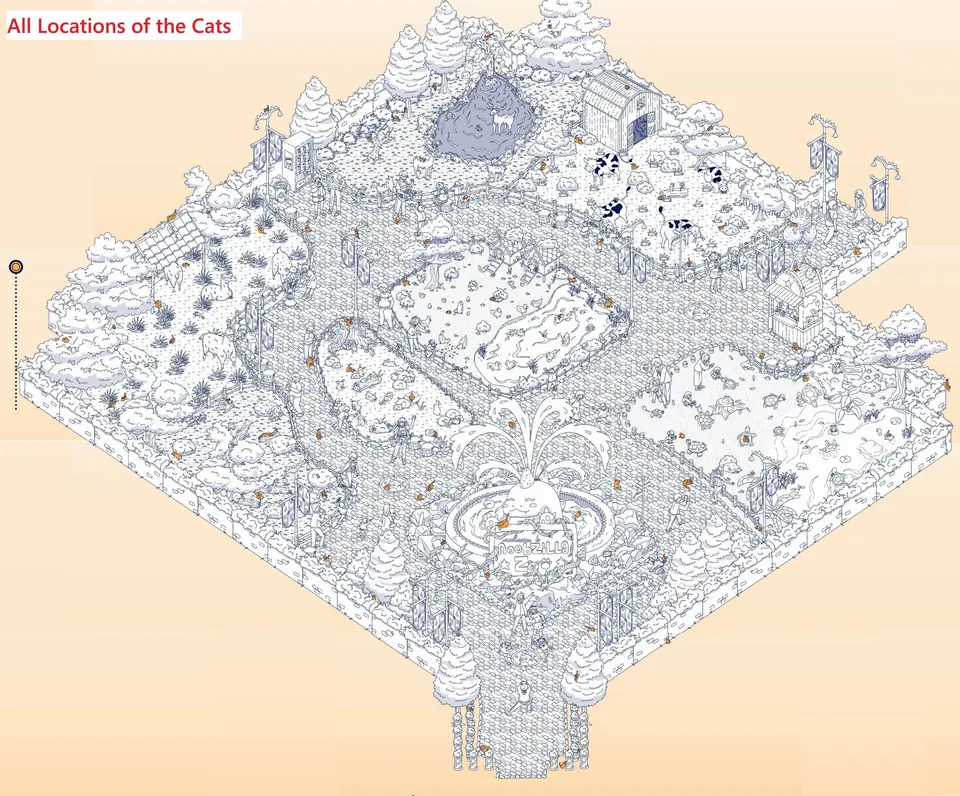 Area A overview marking hidden cat locations and boxes that contain hidden cats