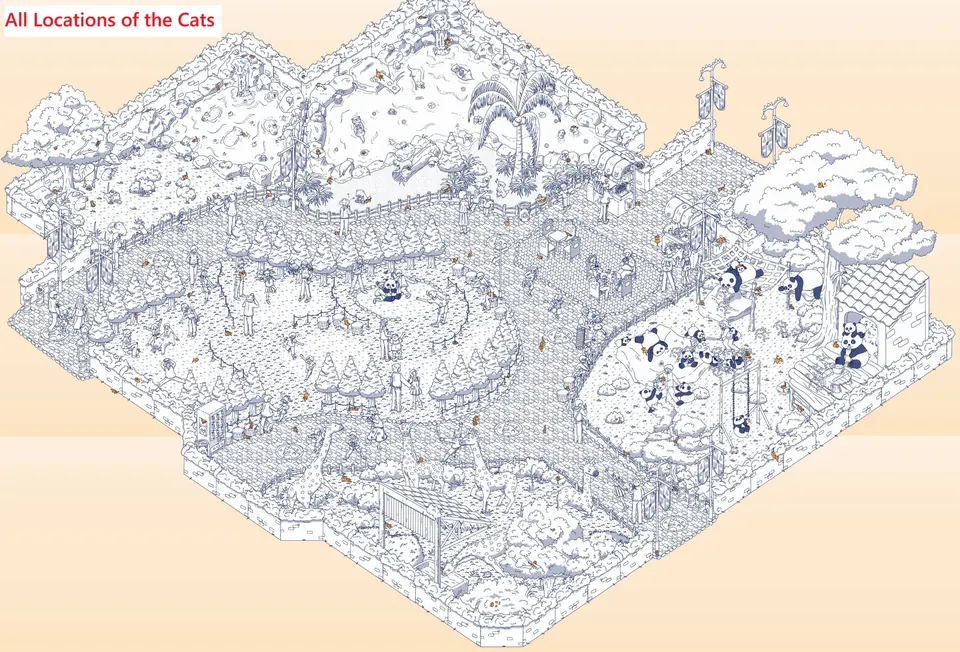 Area B overview marking hidden cat locations and boxes that contain hidden cats