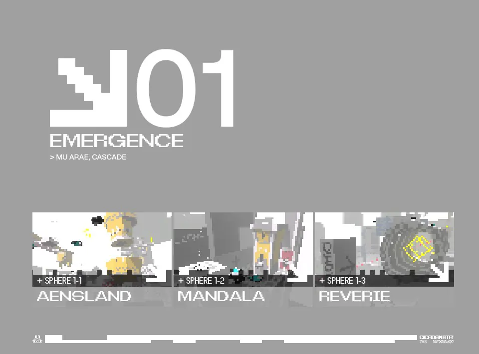 The area 01 EMERGENCE screen, listing spheres 1-1 AENSLAND, 1-2 MANDALA and 1-3 REVERIE