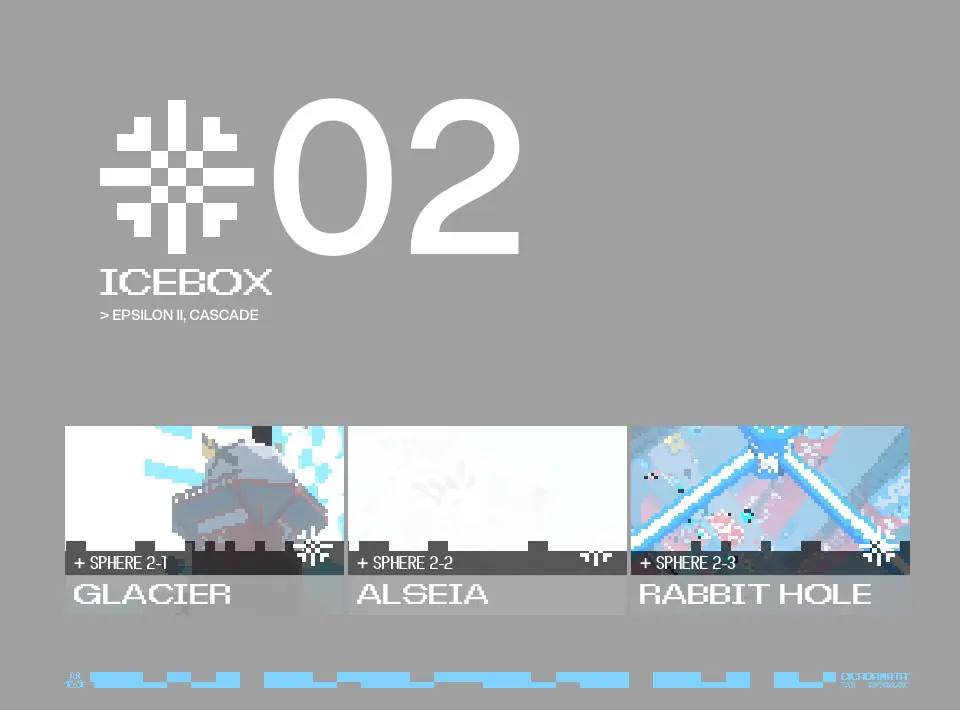 The area 02 ICEBOX screen, listing spheres 2-1 GLACIER, 2-2 ALSEIA and 2-3 RABBIT HOLE
