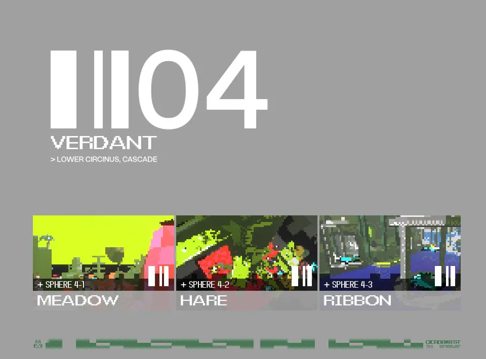 The area 04 VERDANT screen, listing spheres 4-1 MEADOW, 4-2 HARE and 4-3 RIBBON