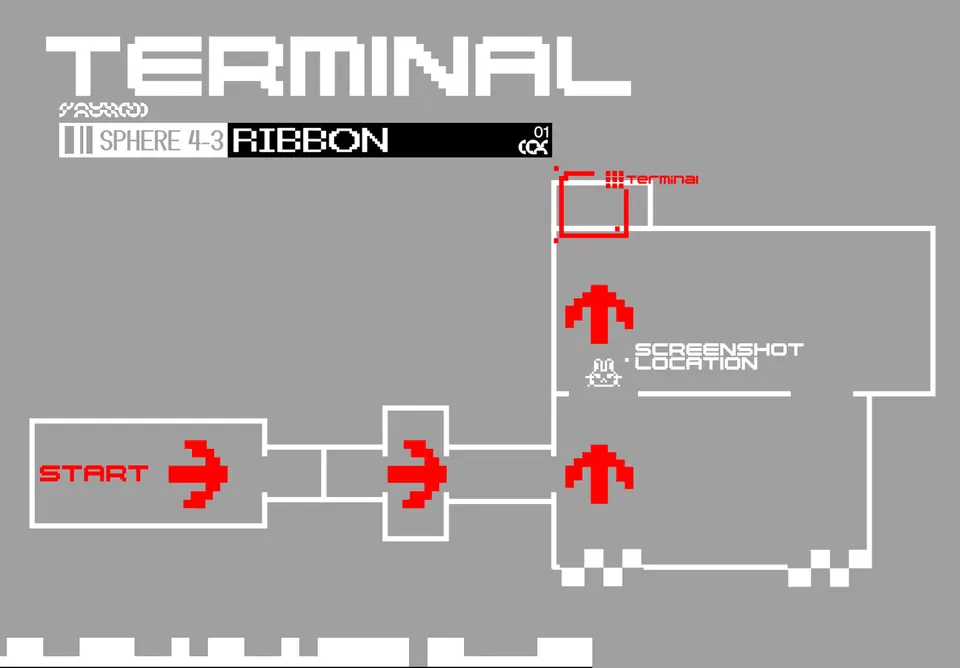 Sphere 4-3 RIBBON: a route map from the start, through the hub room and left to the terminal
