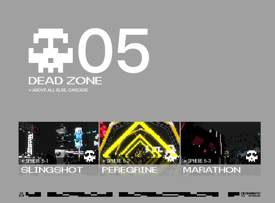 The area 05 DEADZONE screen, listing spheres 5-1 SLINGSHOT, 5-2 PEREGRINE and 5-3 MARATHON