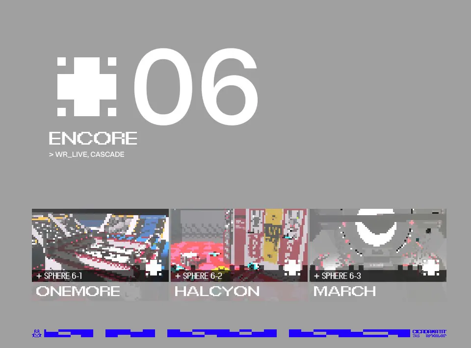 The area 06 ENCORE screen, listing spheres 6-1 ONEMORE, 6-2 HALCYON and 6-3 MARCH