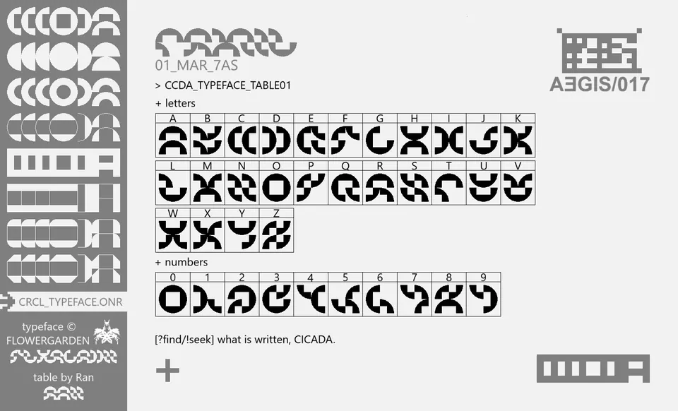 CICADAMATA circle typeface reference showing letters A to Z and digits 0 to 9