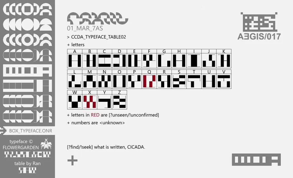 CICADAMATA box typeface reference showing confirmed letters, with Q and X marked as unconfirmed