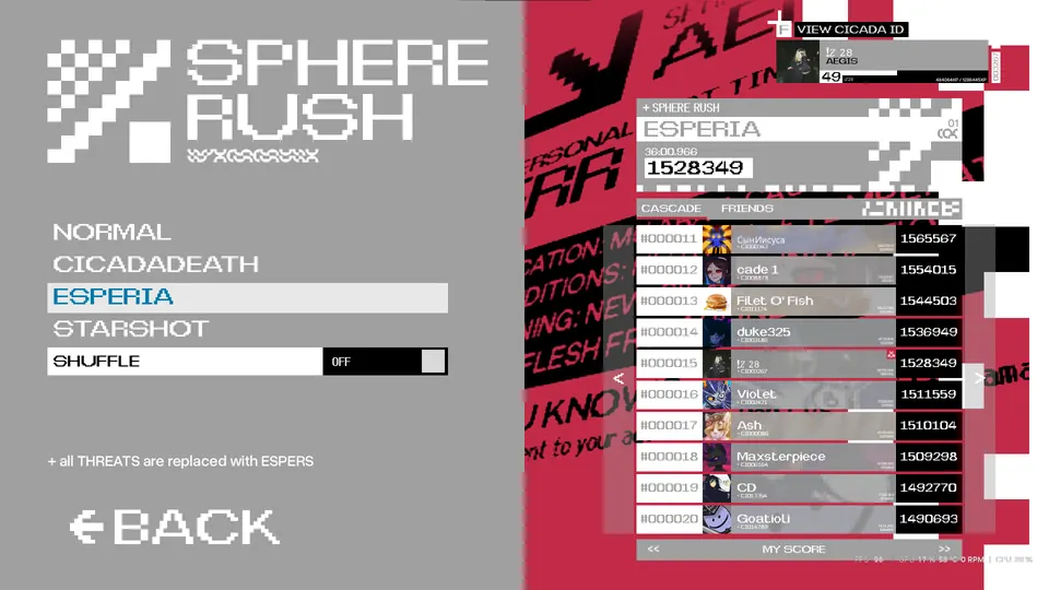 The Sphere Rush menu with Esperia selected below Normal and CICADADEATH, and the note that every threat is replaced with Espers.