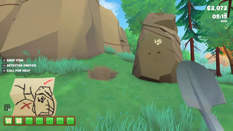 Ancient Forest Treasure dig hole in the grass between a large boulder and a rock with a paw-like mark, with the map sketch of the marked rock in hand