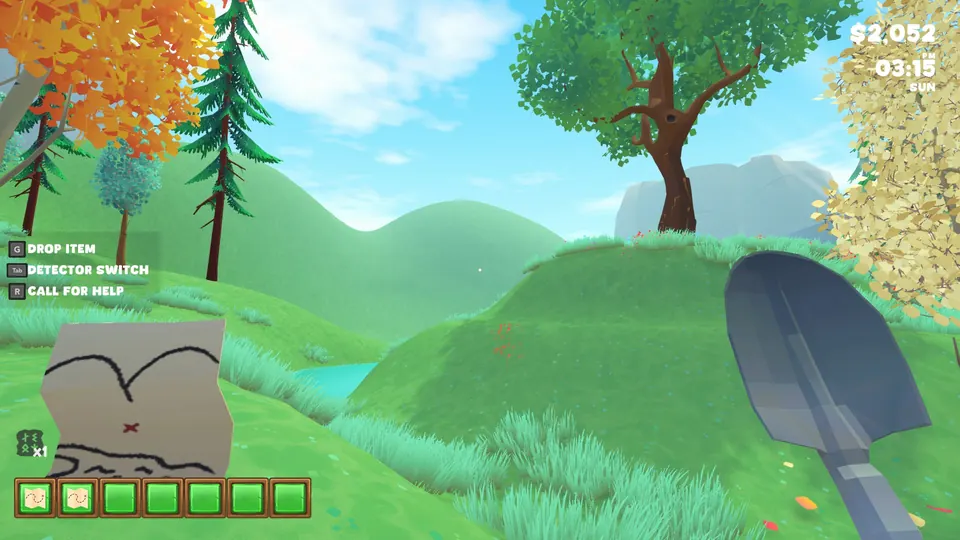 A grassy hill with a single tree on top at the back of the forest, the landmark to walk past for the Cursed Treasure
