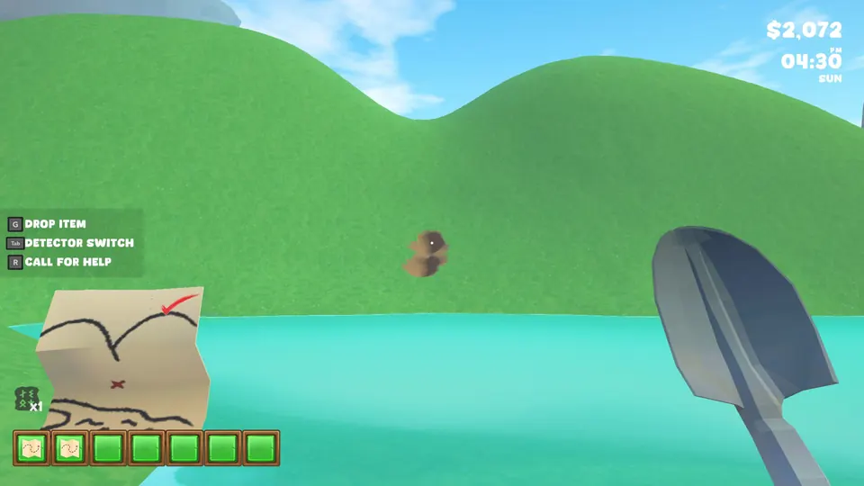 Two rounded green hills beyond a stream, with the Cursed Treasure dig spot in the dip between them