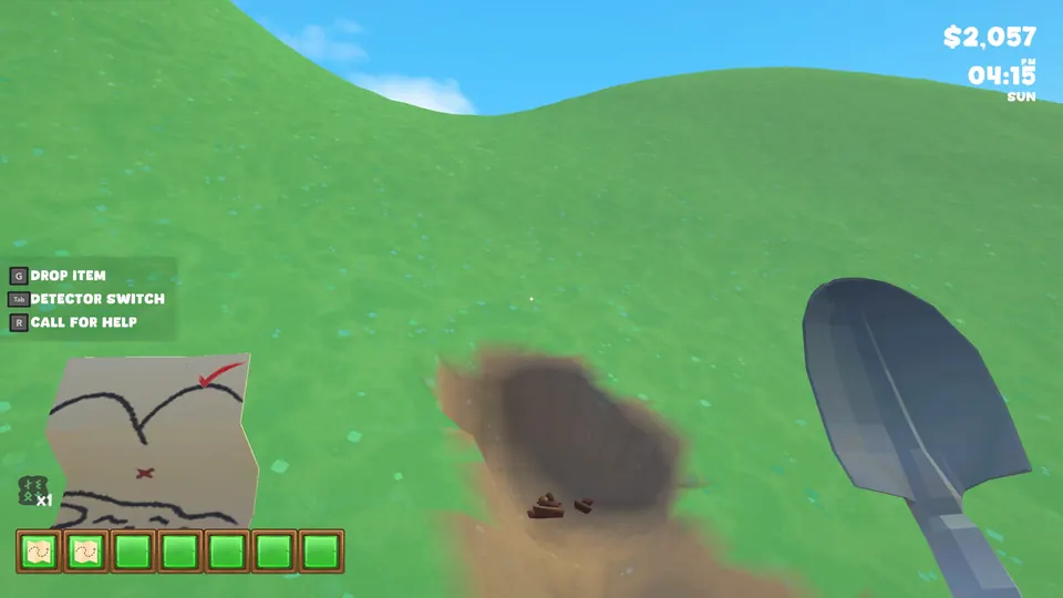 The dug-up Cursed Treasure spot, with a small pile of poop at the bottom of the hole