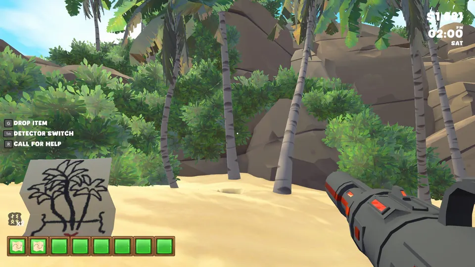 A cluster of palm trees on the beach matching the three-tree sketch on the Mystery Beach Treasure map