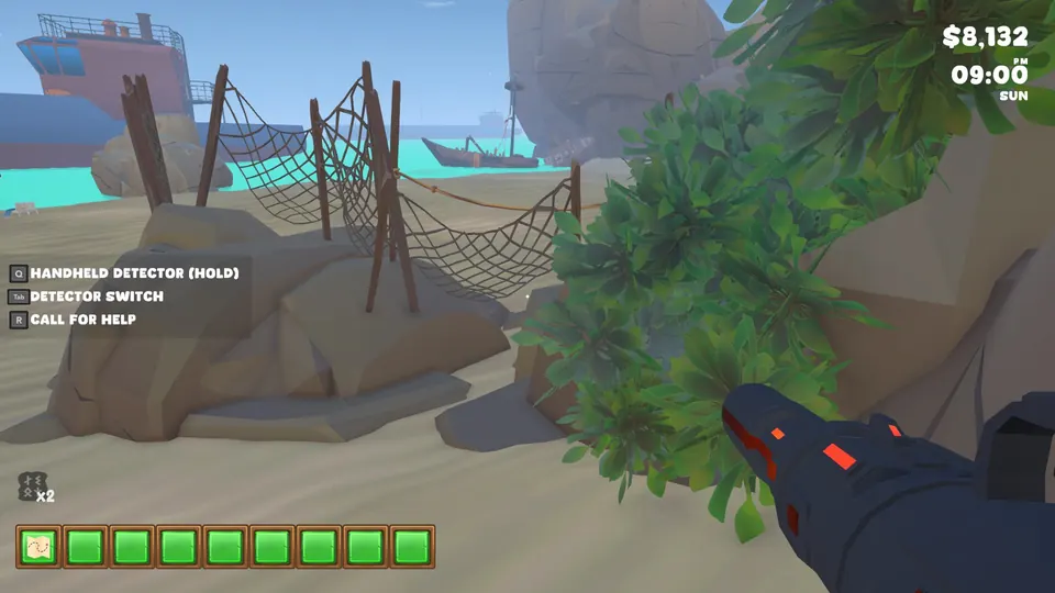 The big net, a rope barrier strung between posts and rocks across the beach