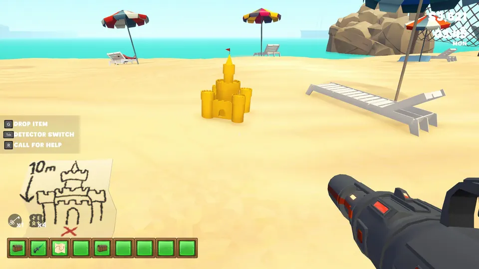 The yellow sand castle on the beach under striped umbrellas, with the Golden Coast Treasure map showing the 10m mark