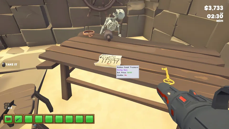 The Golden Coast Treasure map lying on a wooden table inside the ruined building, next to a seated skeleton