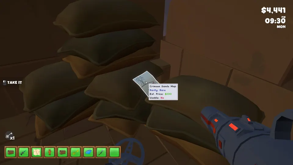 The Crimson Sands Map resting on sand bags inside the building on top of the desert hill