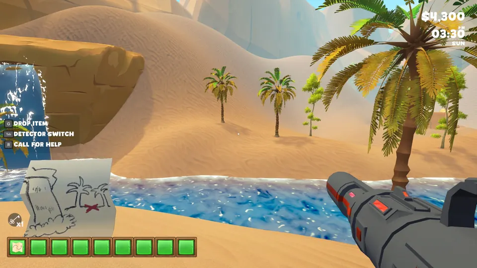 A desert river beside a waterfall with palm trees, matching the Lost Desert Treasure map sketch