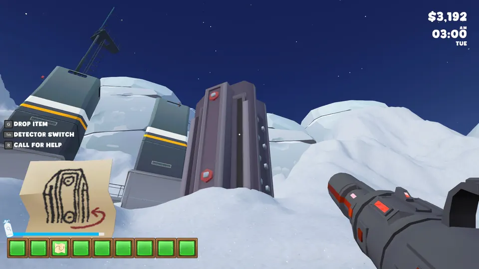 The tall metal building on the moon past the fuel station, with the Rising Moon Treasure map showing an arrow around its back