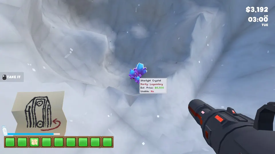 A Starlight Crystal uncovered in the snow behind the tall moon building